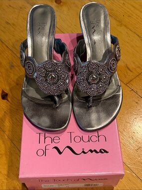 Touch of Nina Gunmetal Metallic Silver Beaded Sandals